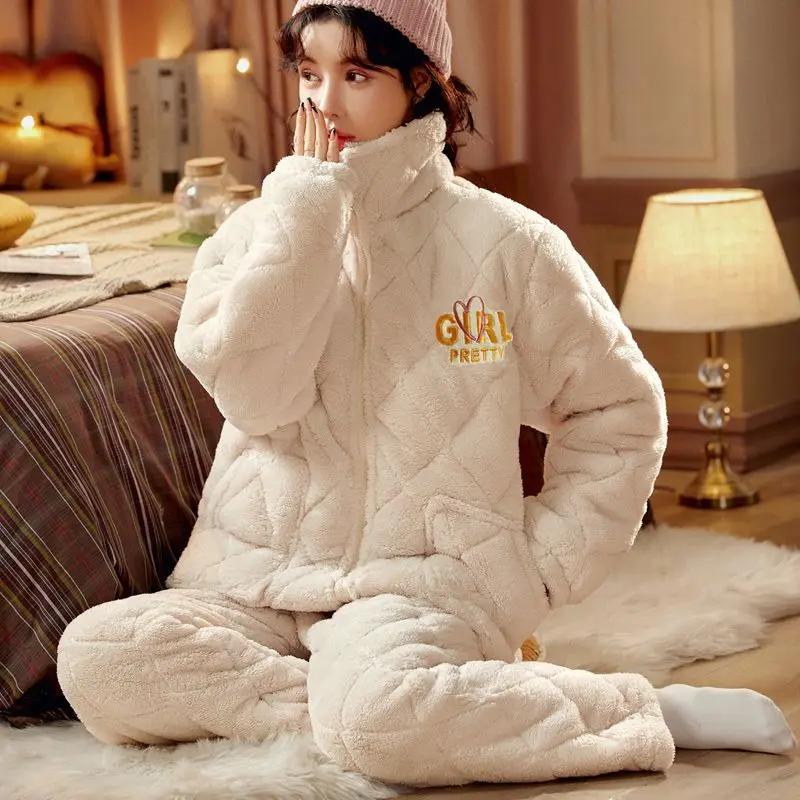 Ms. Autumn and Winter Coral Fleece Intensification Brushed Warm Flannel Loungewear Large Size Set Pajama Set Sleepwear Women