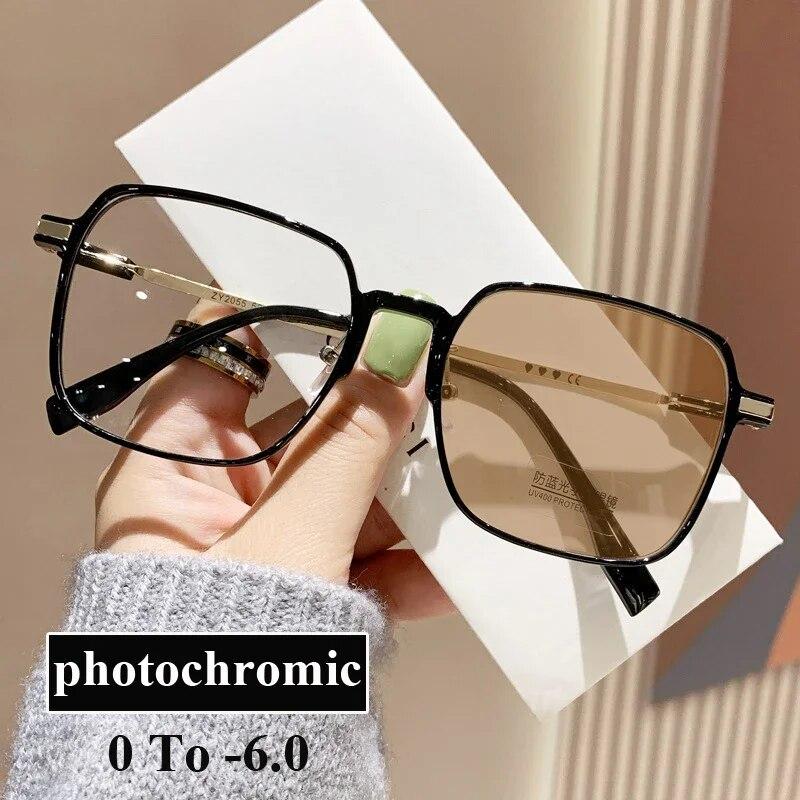 Vintage Oversized Square Photochromic Glasses with Blue Light Blocking and Myopia Correction