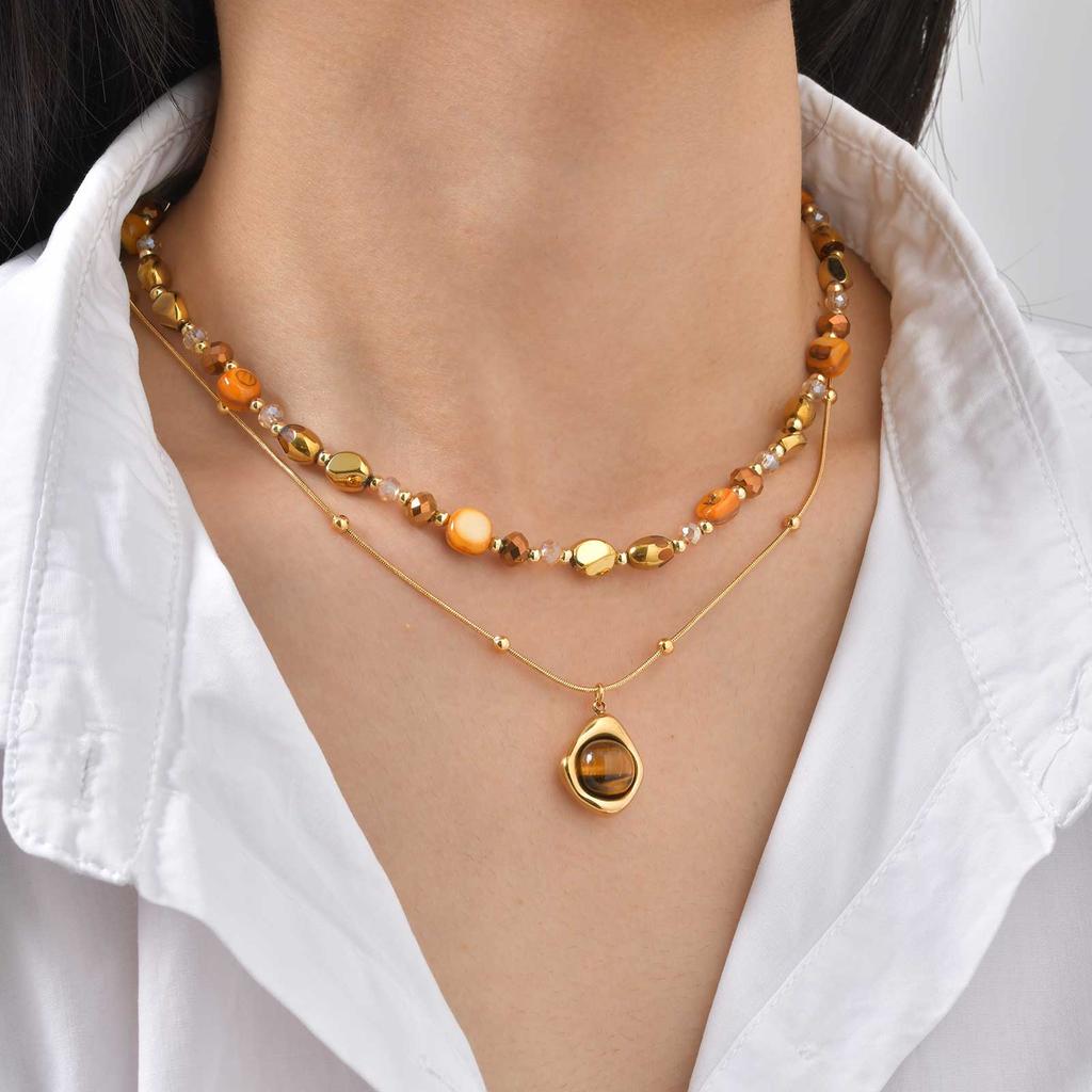 Luxury Natural Stone Pendant Maillard Beads Necklace for Women Caramel Temperament Neck Chain Charm Party Winter Jewelry Gift