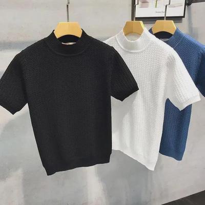 2023 Men's Trendy Solid Color Half-High Collar Short-Sleeve Knitted Sweater T-Shirt