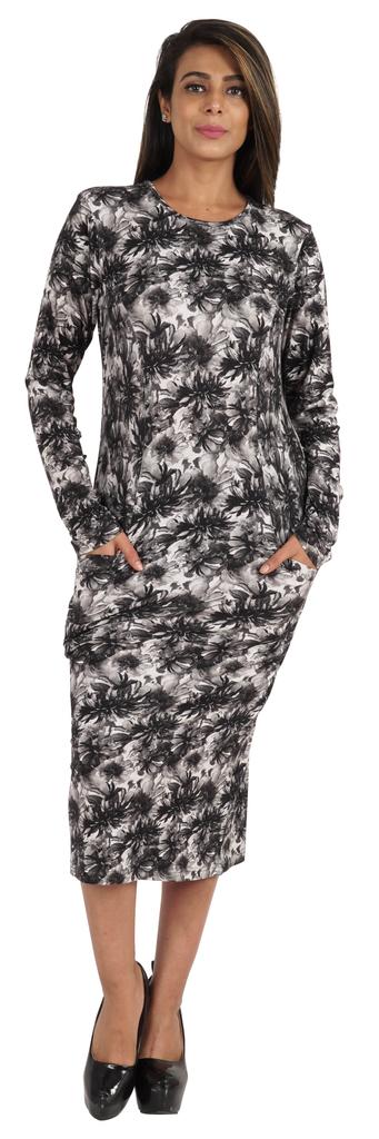 Bimba Printed Long Bodycon Dress With Pockets For Women Full Sleeves Dress Midi