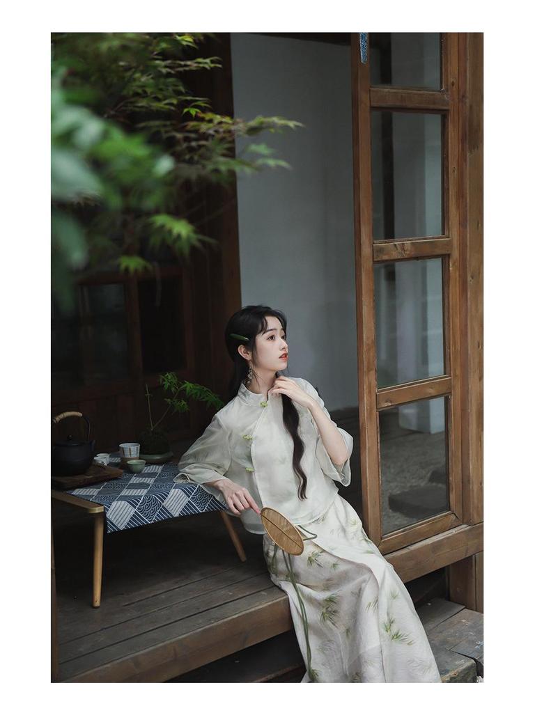 2024 Elegant Summer Fairy Zen Cheongsam Top & Chinese Style Women's Clothing Set