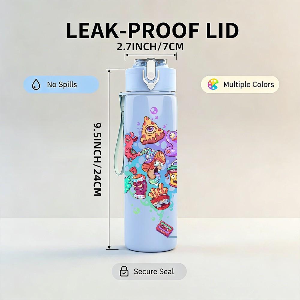 1PC Colorful Doodle Collage Art Pattern 750ml Color Plastic Sports Water Bottle Leakproof Flip Straw Lid Suitable for Sports Office Home Use