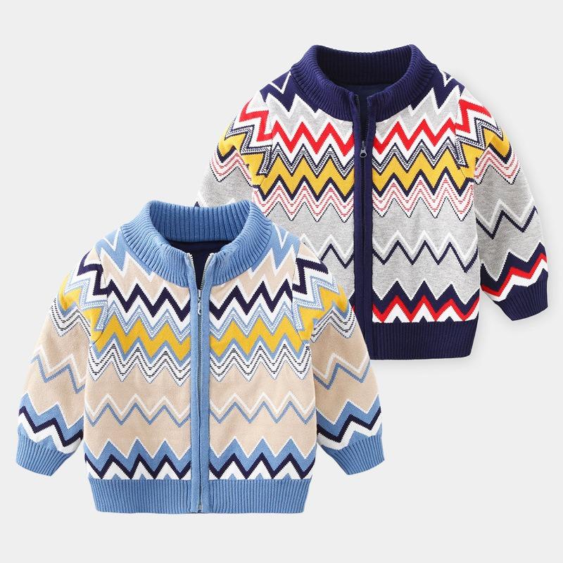 Thick Fleece Lined Striped Casual Sweater For Little Boys Kids