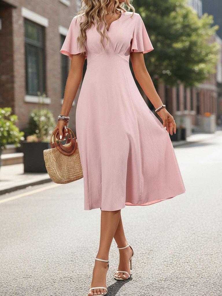 Summer French Elegance: Short Sleeve V-Neck A-Line Midi Dress for Vacation & Commute