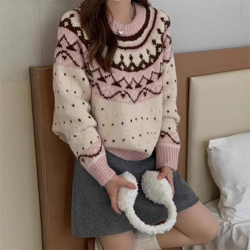 

Винтажный жаккардовый пуловер с контрастными цветами в стиле Fair Isle, новый мягкий ворсистый свободный ленивый трикотажный свитер с круглым вырезом на осень и зиму one size fits all розовый