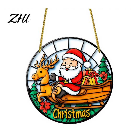 Acrylic Santa Claus Pendants Stained Glass Style Christmas Hanging Pendant, Plants Ornaments with Lanyard Double Sided Printed Xmas for Tree