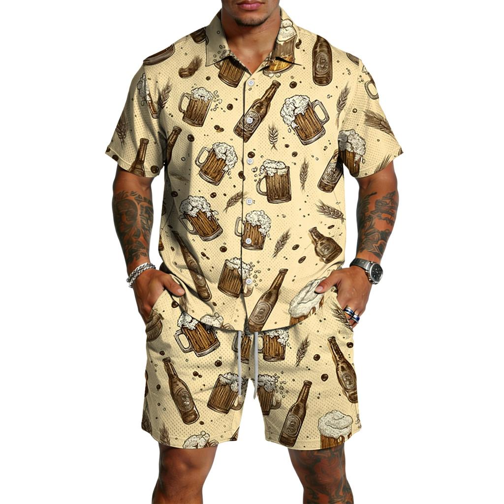 Herren Casual Kurzarmhemd und Shorts Set Bierfest Druck Knopfleiste Leichtes Sommeroutfit Entspannte Passform