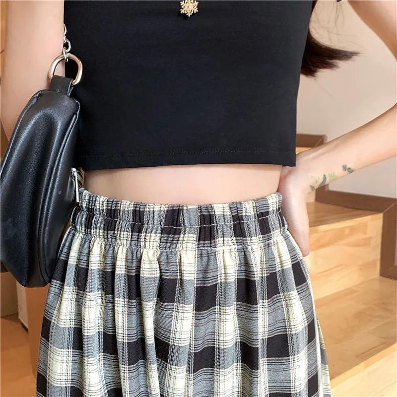 Damen Leichte Elastische Sommer High Waist Weitbein Freizeithose Retro Karomuster Locker Allround Gerade Hose