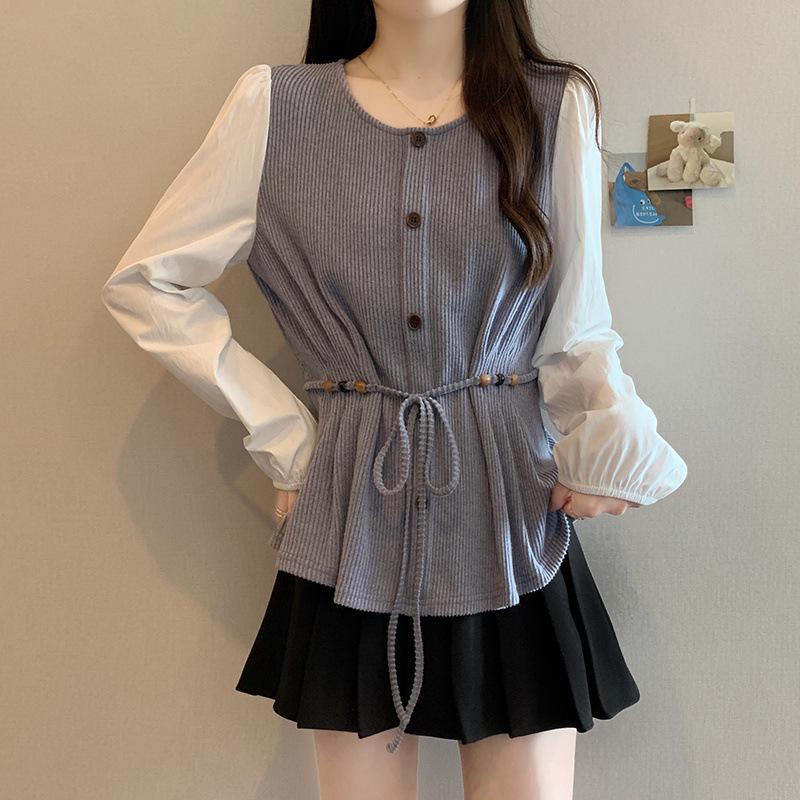 Spring Chic Plus Size Lace-Up Beaded Two-Piece Long Sleeve Shirt L
