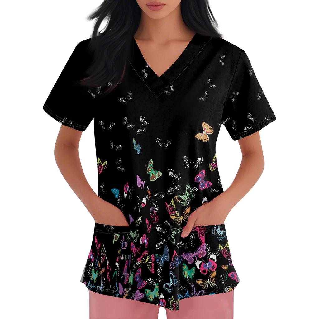 Women's V-neck Cartoon Printed Short-sleeved Pocket Side-slit Protective Suit Top
