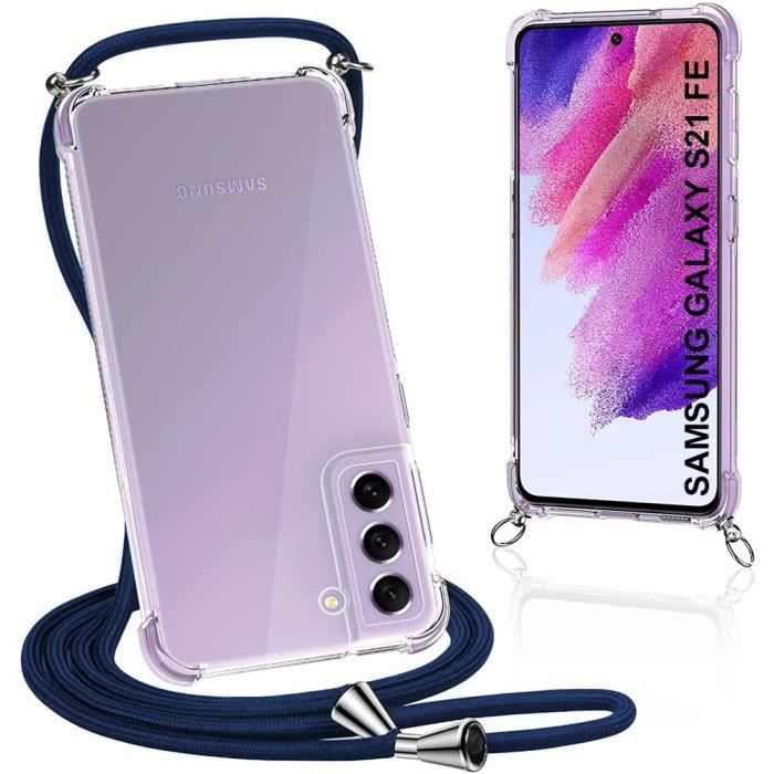 Coque - Samsung - S21 FE - AntiChoc - Transparent - Cordon de Serrage Bleu Marine