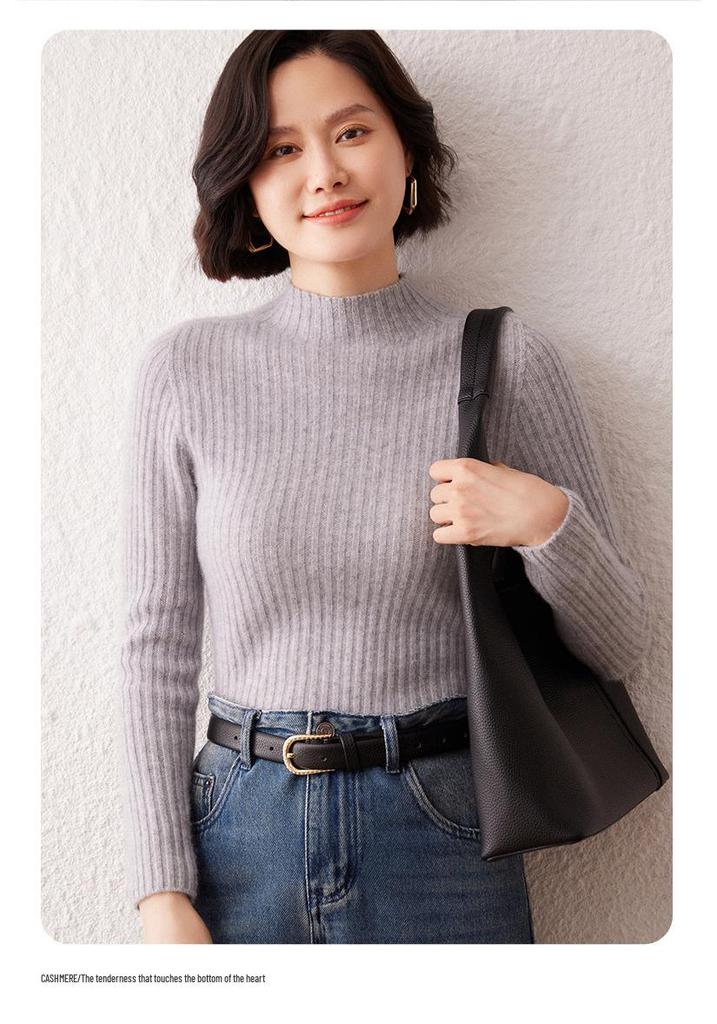 Women's Striped Cashmere Sweater - Autumn/Winter, Half-High Neck, Slim-Fit, Knitted Base Layer