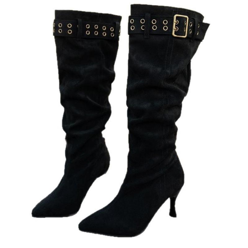 Plus-size Shoes, Pleated High Heels, Pile Long Boots, New Women's Thin Heels, Knee-high Boots