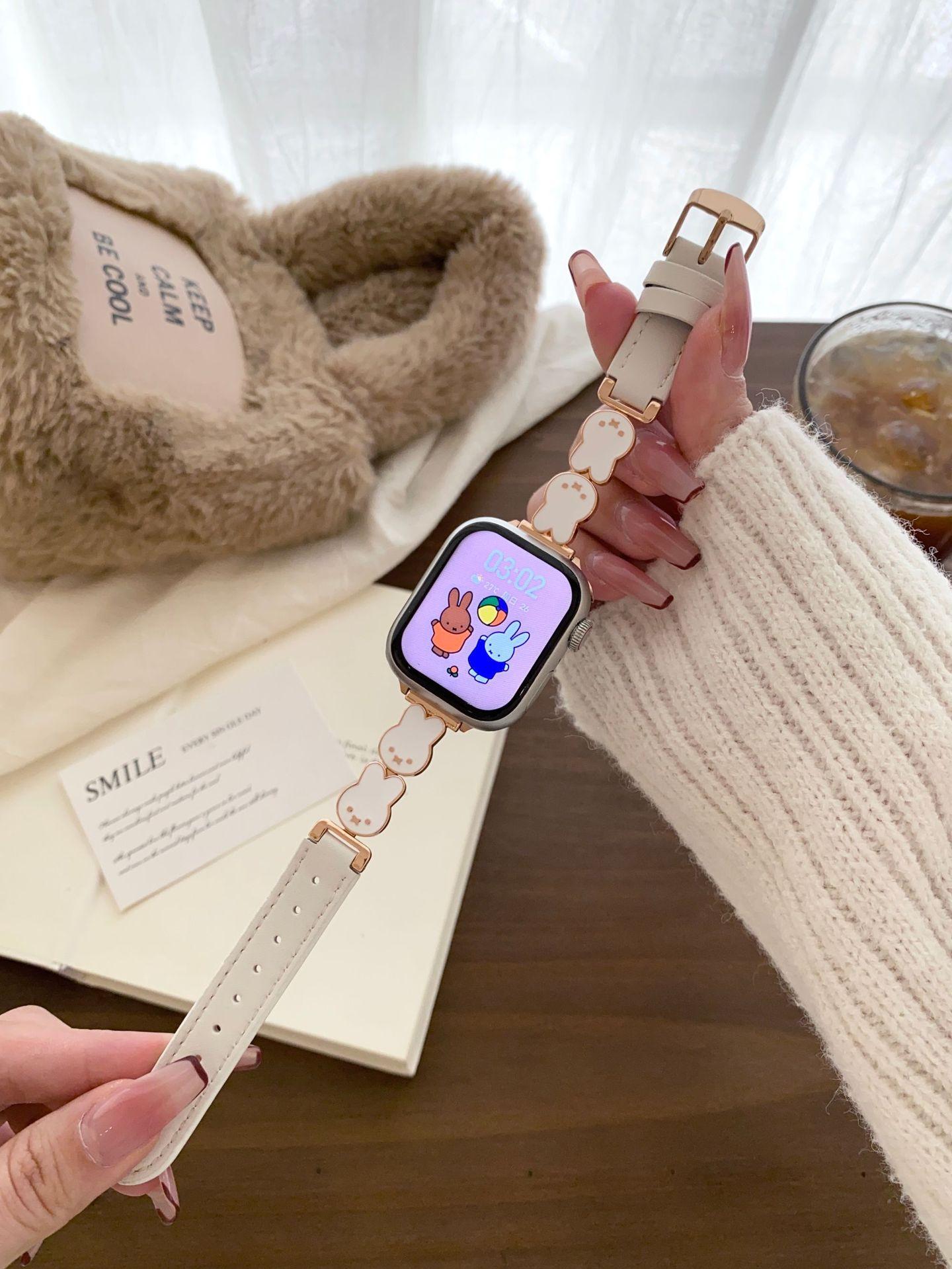 Suitable for Huawei GT5Pro strap Xiaomi 9 Apple S11 watch iwatch109876SE Miffy Rabbit leather compatible with: xiaomi 8/9/10 universal