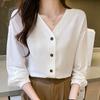 Women Blouses Shirts 2025 Spring Long Sleeve Women Blouse Shirt V-Neck Black White Blouse Shirt Women Tops J872