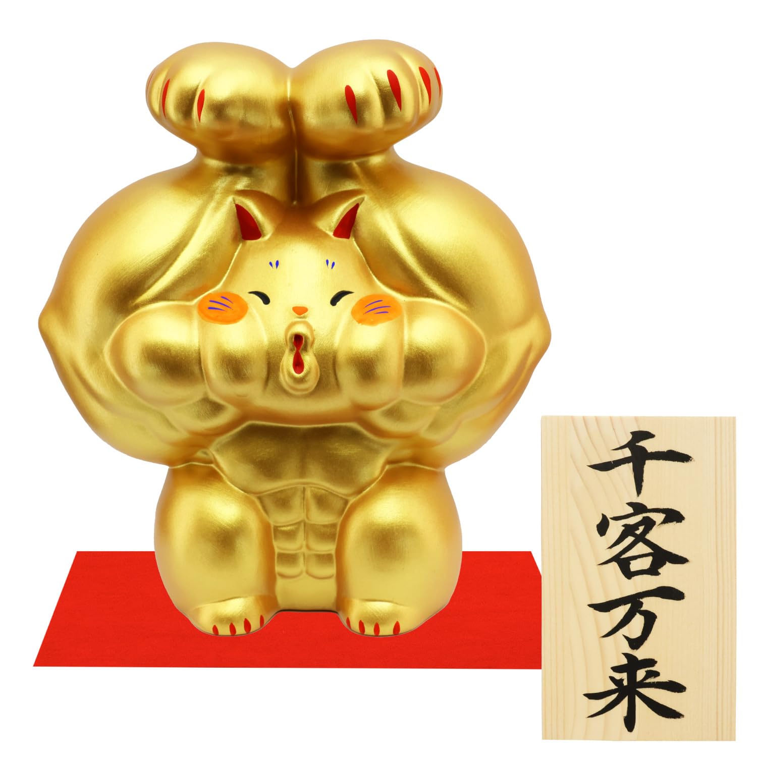 

Osaka Choseido Ceramic Figurine with Free Original Wooden Tag with Both Extra Tall Maneki-neko (Sent Separately) Strong-Armed Maneki-neko Hands,