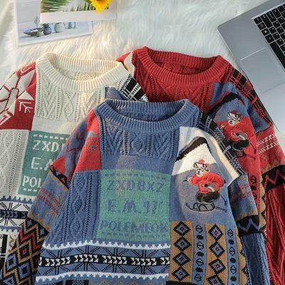 Suéter de Natal Masculino de Inverno Plus Veludo - Quente, Tricotado, Estilo Ins de Hong Kong, Corte Solto, Moda para Casal