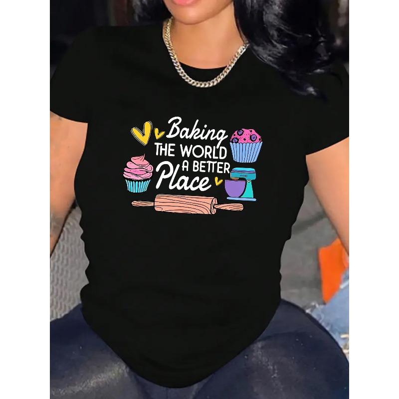 Women's Casual Sports T-Shirt, Round Neck, Short Sleeve, Cake Making Pattern Print, Comfortable Holiday Summer Top