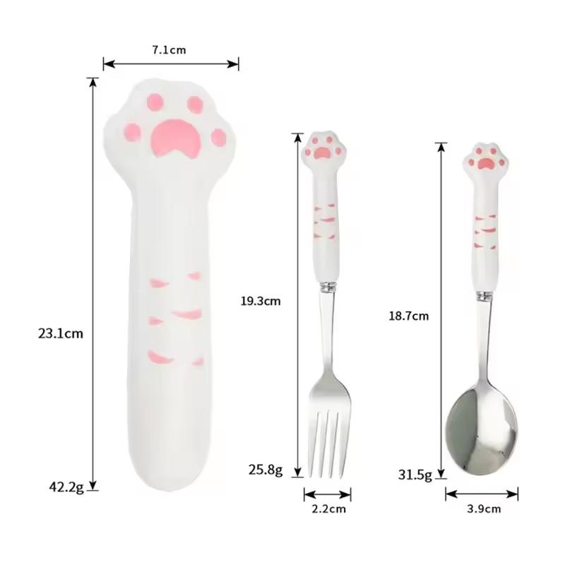 1PC Cute Cat Paw Cutlery Set Stainless Steel Fork Spoon With Storage Box Dinnerware Tableware Silverware Lunch Bento Accessories