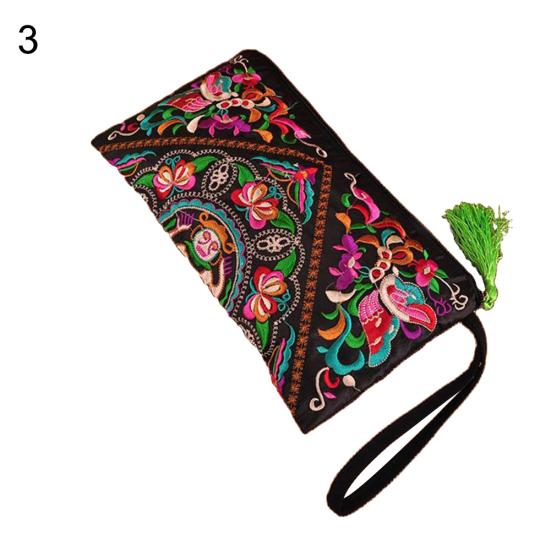 Women Ethnic Embroidered Wristlet Clutch Bag Zipper Purse Long Wallet Pouch