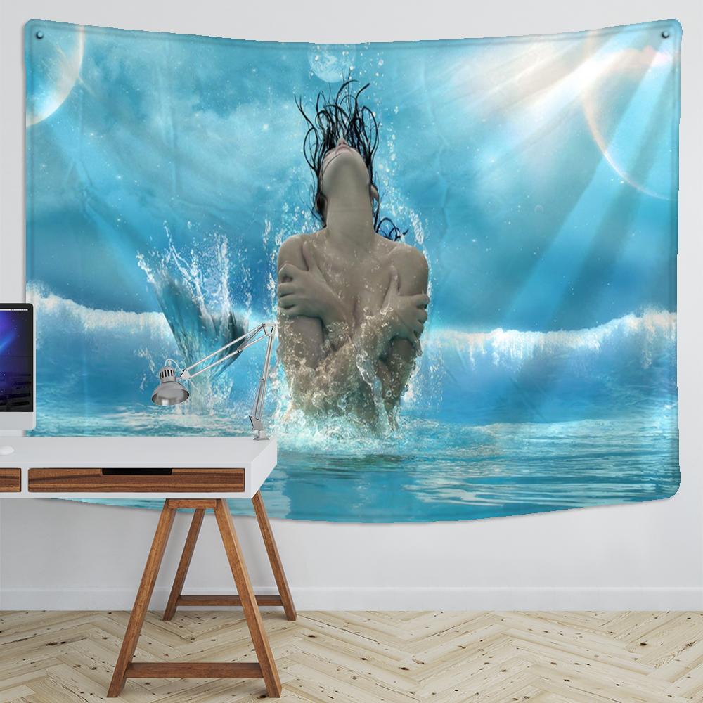 Real Scene Mermaid Tapestry Naked Mermaid Wall Hanging Hippie Sea Wall Tapestry Home Bedroom Dorm Bohemian Wall Cloth Tapiz