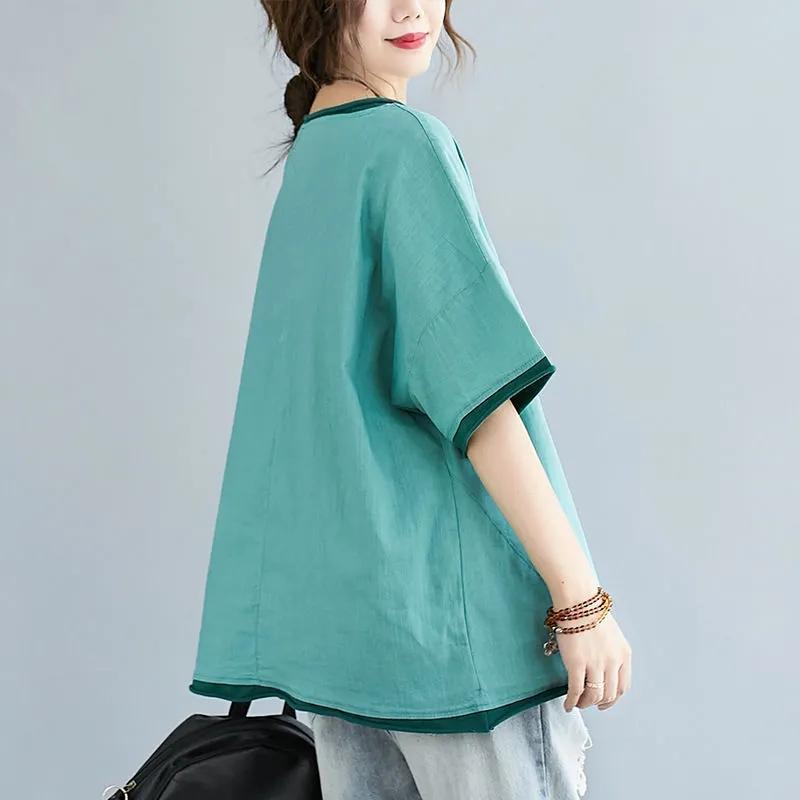 Tops Grande Taille Femmes Été Coton Ample Littéraire Rétro Ample Col Rond