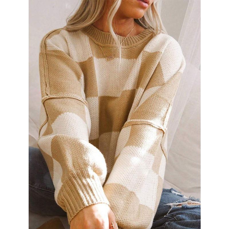 Koszula z długim rękawem w kratę, sweter z okrągłym dekoltem