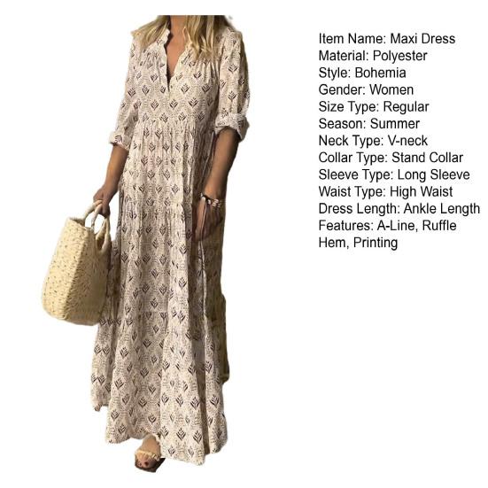 Stehkragen V-Ausschnitt Maxikleid Langarm Hohe Taille Knöchellang Böhmischer Druck