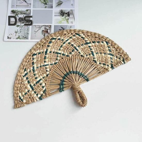 Handgefertigter Fächer aus Strohweben, natürliches Seegras, Raffia-Handfächer, halbrund, gewebtes Palmblatt, Handfächer, Sommer-Kühlfächer, Hochzeits-Party-Dekoration