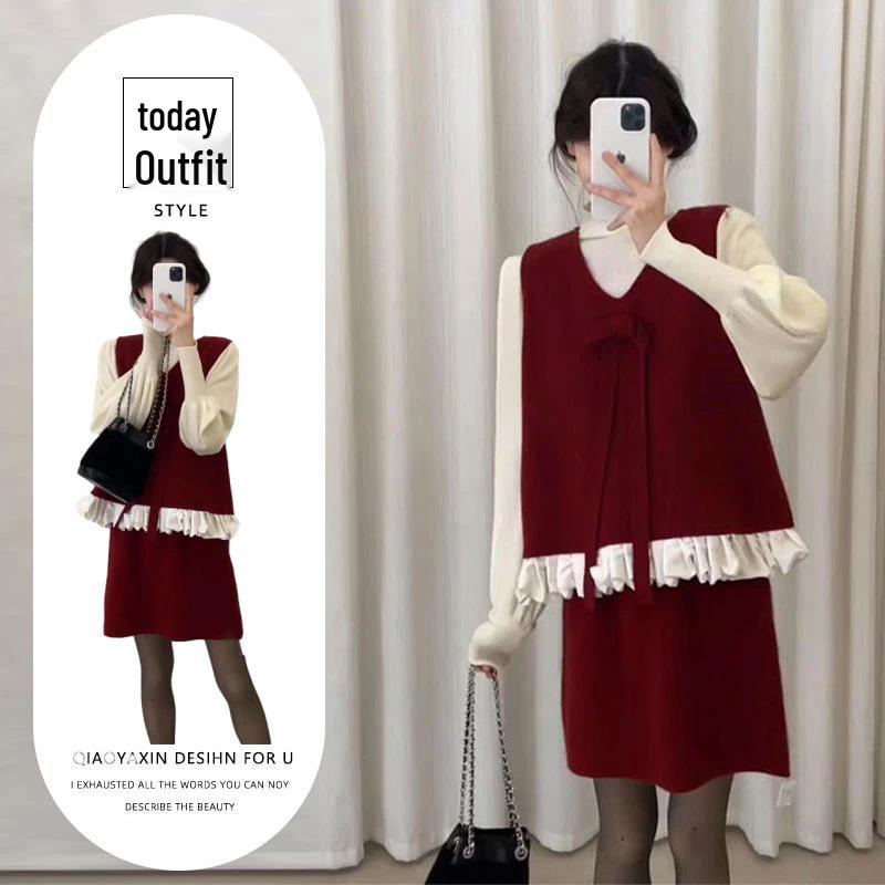 

Korean Vibe Autumn/Winter Outfit: Stand Collar Patchwork Vest & High-Waisted Skirt Set XL [Recommended for 58-63kg]