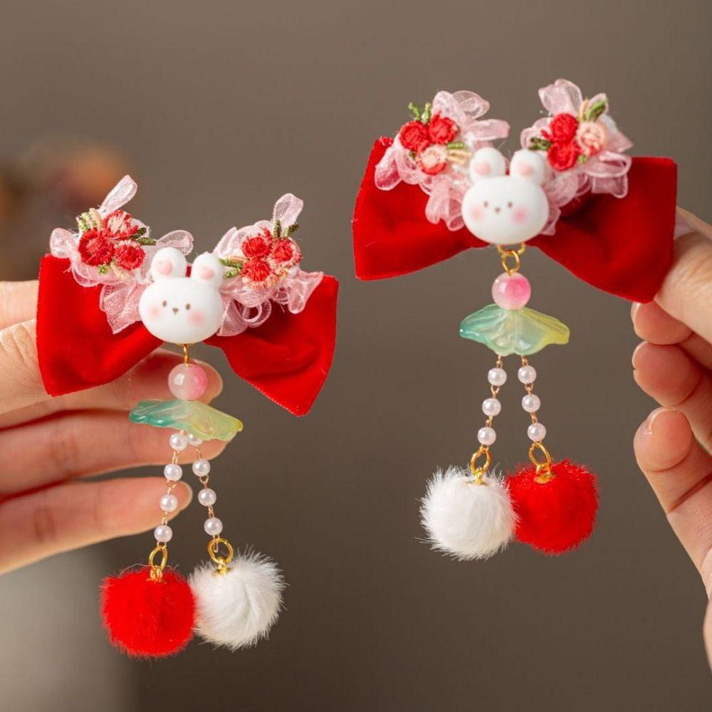 Rabbit Children's New Year Hair Clip Bowknot Chinese Style Barrettes Plush Fringe Hairpin  Kids