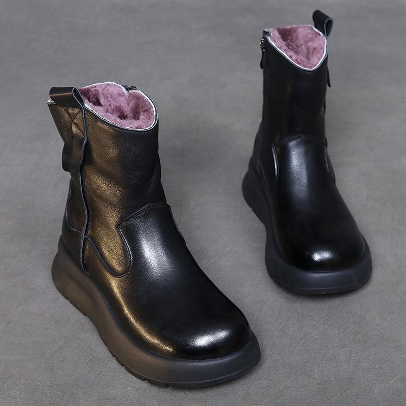 Johnature Genuine Leather Retro Thick Soled Women's Short Boots Versatile Wool Warm Snow Boots