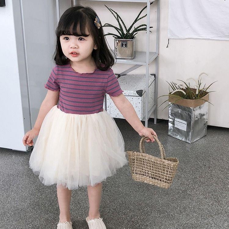 Girls Summer Dress Princess Dress Short Sleeved Gauze Striped Dress Cute A-line Mesh Dress