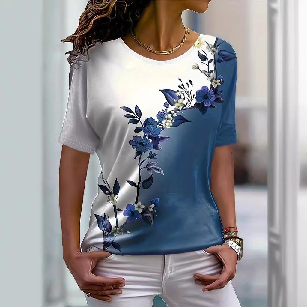 Summer Fashion Floral Asymmetrical Color Blocked Round Neck Short Sleeved Printed Women's T-shirts