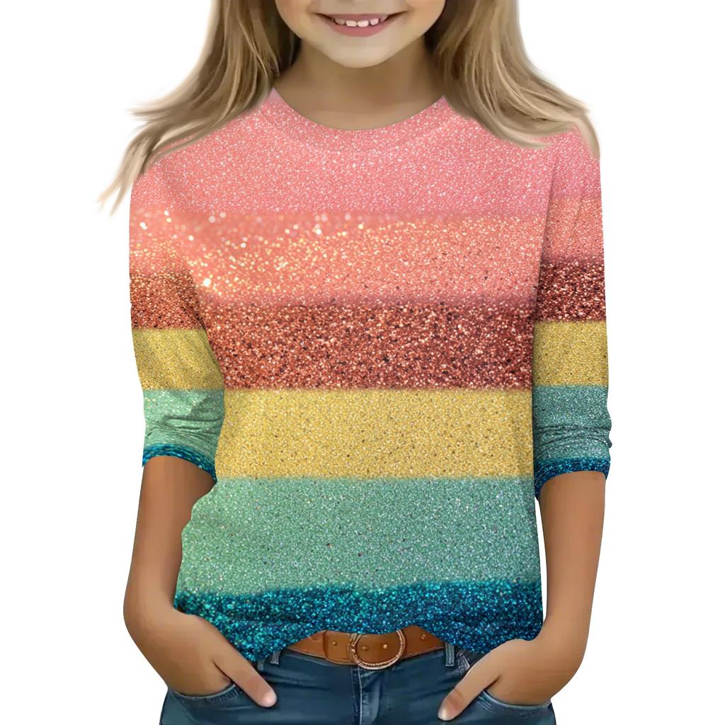 Print Tops For Youth Girls 5-16 Years Round Neck 3/4 Sleeves T-Shirts Trendy Tops Outfit Tees