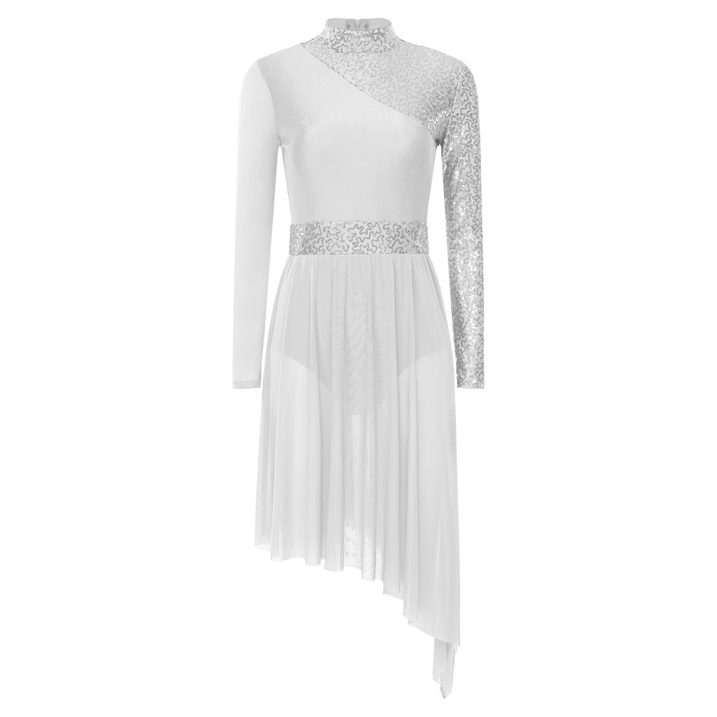 Womens Sparkly Sequins Dance Dress Mock Neck Long Sleeve Irregular Hem Stage Performance Gown