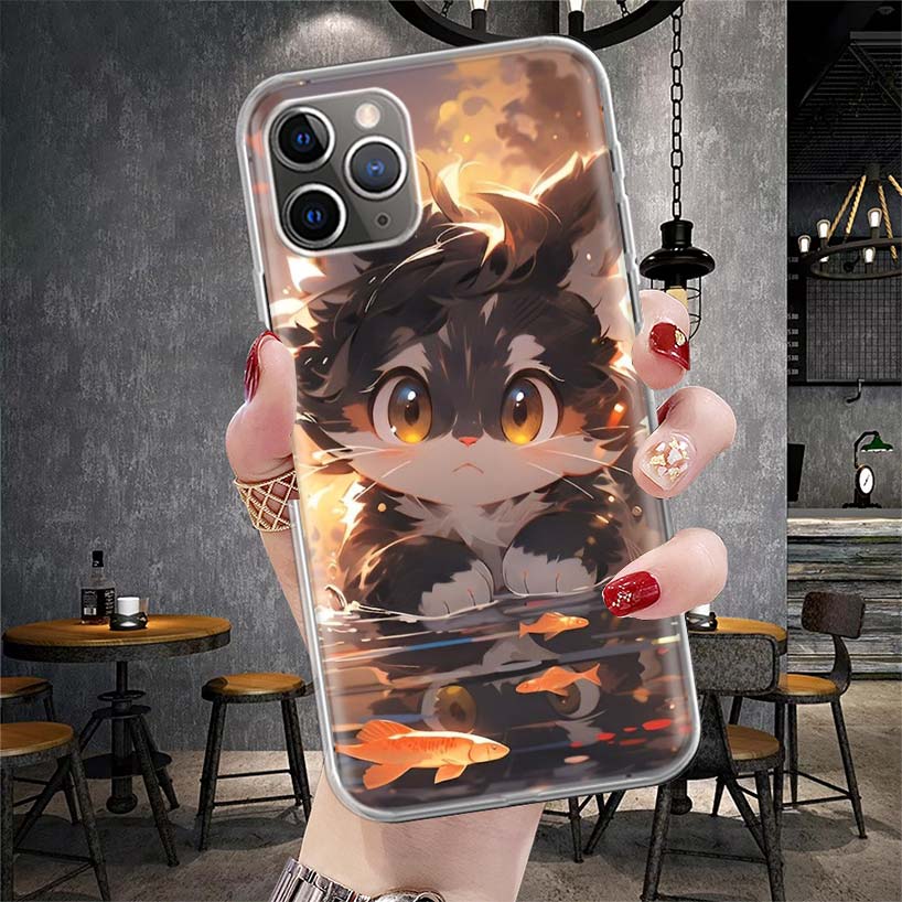 Cartoon Cute Cat Fish Aesthetic Soft Phone Case For IPhone 11 17 Air 16E 16 Pro Max 15 + 14 Plus 13 Mini 12 Apple 7 SE 8 Fundas