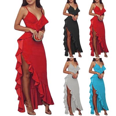 Women's Summer Ruffle Sexy High Split Dress Dress Color Sleeveless V-Neck Dress