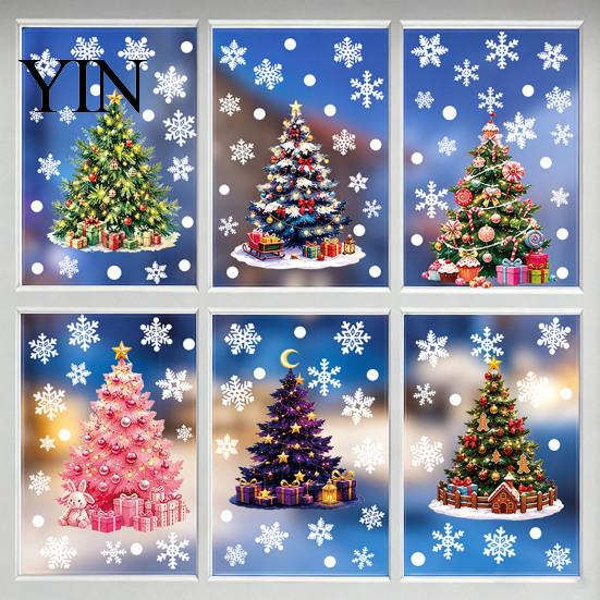 Colorful Snowflake Glass Clings 6Pcs Christmas Tree Static Window Sticker, PVC Cling, Removable Decal Transparent Film for Holiday Home Decoration,