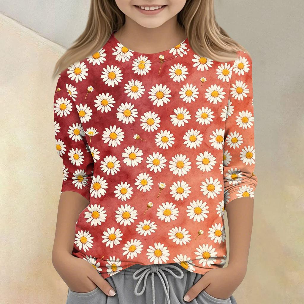 Girls Floral Print Crew Neck Three Quarter Sleeve Casual T Shirt Lightweight Soft Fabric Comfortable Fit Everyday Wear