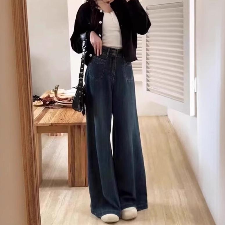 Women's Dark Blue High Waist Wide-Leg Jeans - Autumn Loose Fit, Floor-Length, Versatile and Slimming Design