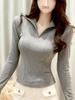 Women's Slimming Half-Zip Lapel T-Shirt - American Minimalist Style for Autumn/Winter