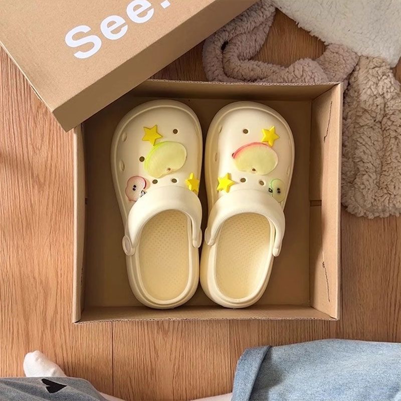 

Мультяшные яблочные звезды женские дырчатые туфли новая летняя толстоподошвенная нескользящая двойная носка сумка голова крутые тапочки 40-41 белый