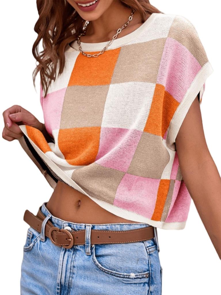 Women's Color Block Cropped Knit Top Cap Sleeve Crew Neck Summer Short Sweater