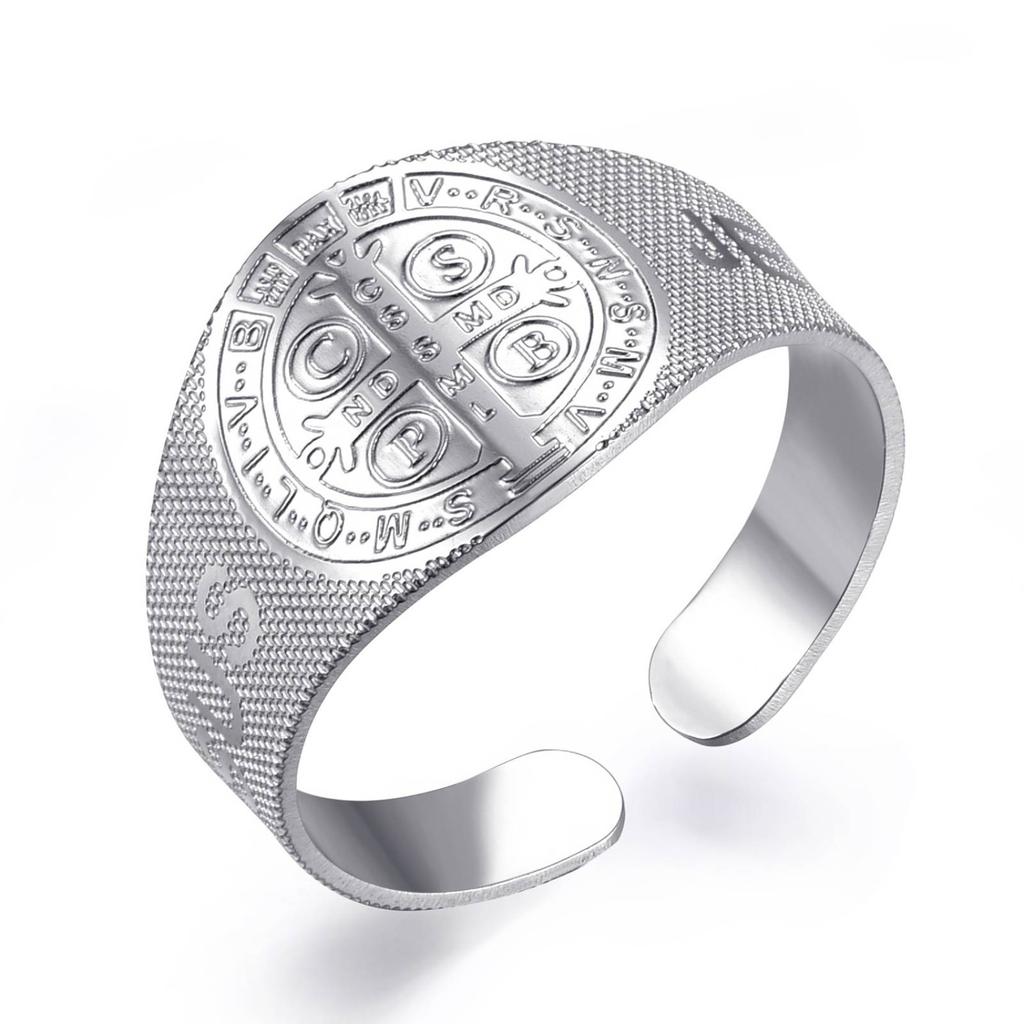 Stainless Steel Saint Benedict Open Ring for Women Men Christian Jewelry Gift