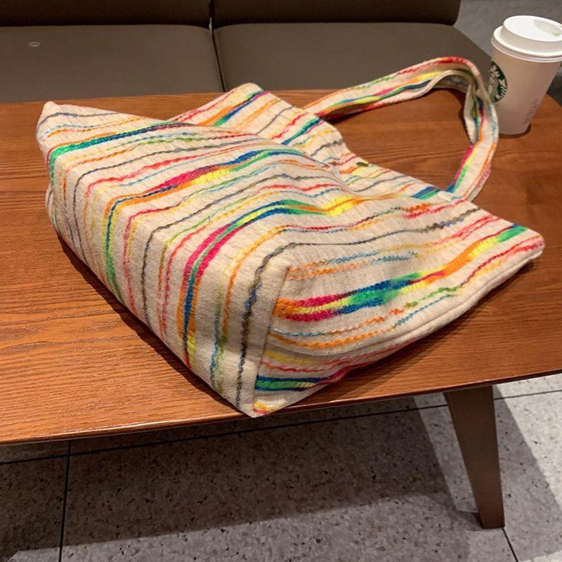 Korean Rainbow Stripe Tote Bag Women Canvas Bag Large Capacity Shoulder Bag Ladies Versatile Travel Casual Underarm Bag Chic New