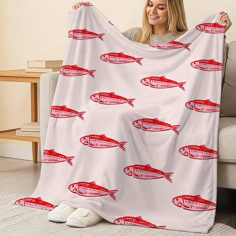 Soft Plush Flannel Blanket Red Fish Print Warm Cozy Throw for Home Dorm, Christmas Halloween Decor