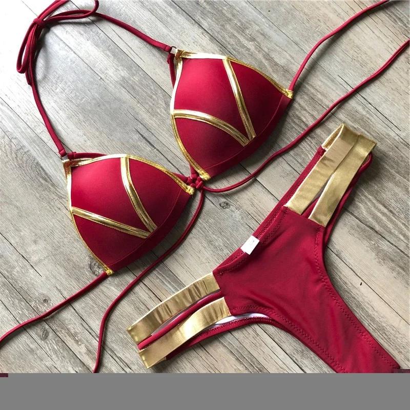 New Red Swimwear Push Up Swimsuit Women Biquini Padded Bathing Suit Gold Stamping Brazilian Bikini Set Thong Sexy Bikini