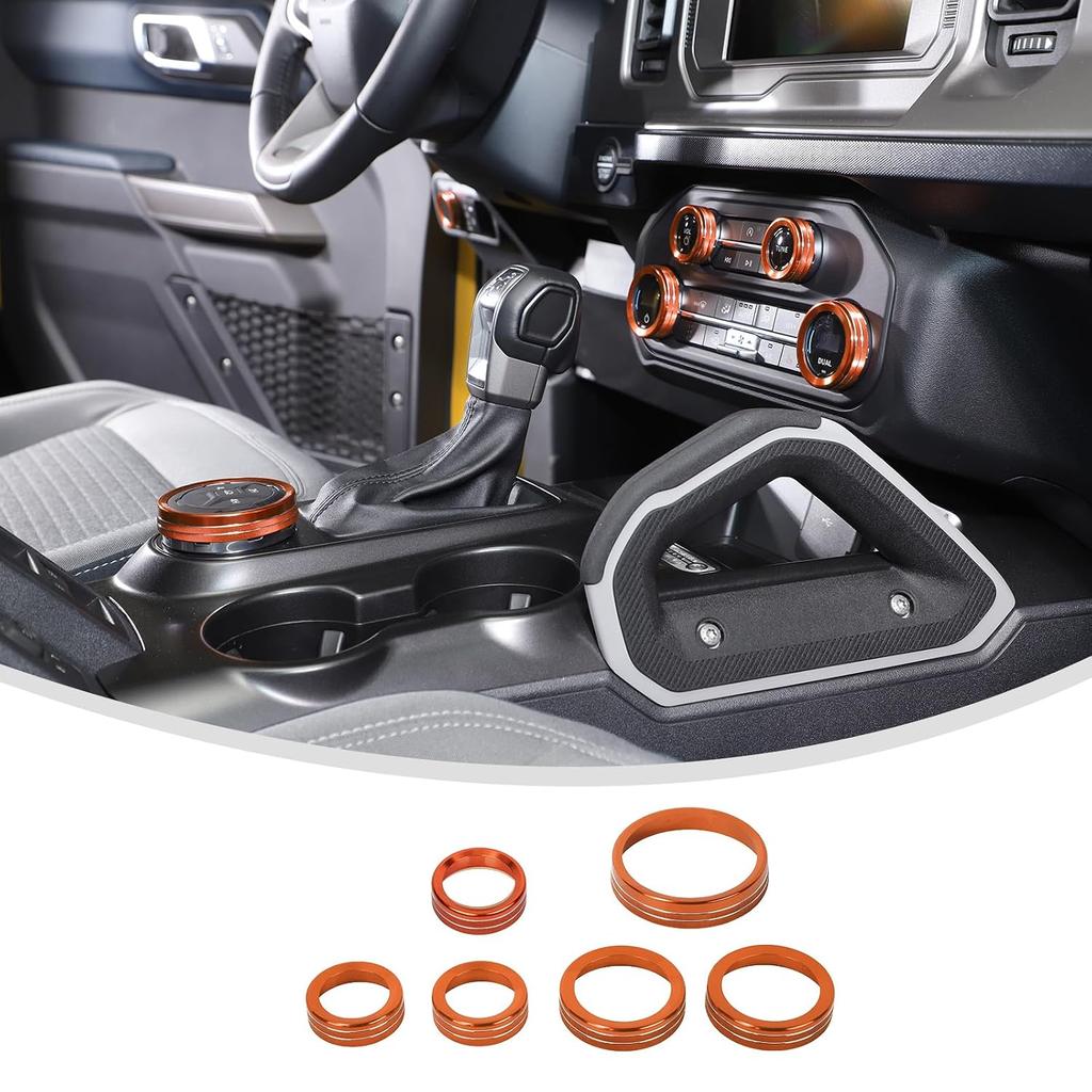 Linskip Dashboard Control Knob Trim Set for Ford Bronco 2025-2021, Aluminum Switch Knob Covers for Bronco Interior Accessories(Orange)